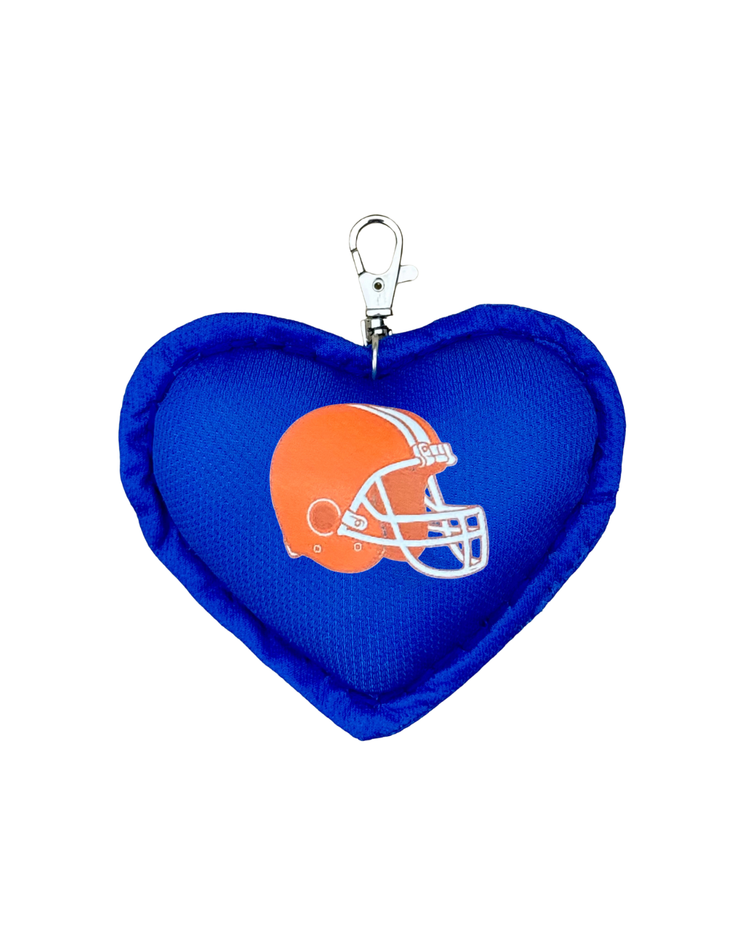Heart-shaped blue keychain with a football helmet design on a white background
