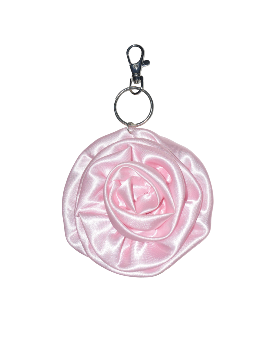 Pink rose-shaped keychain on a white background